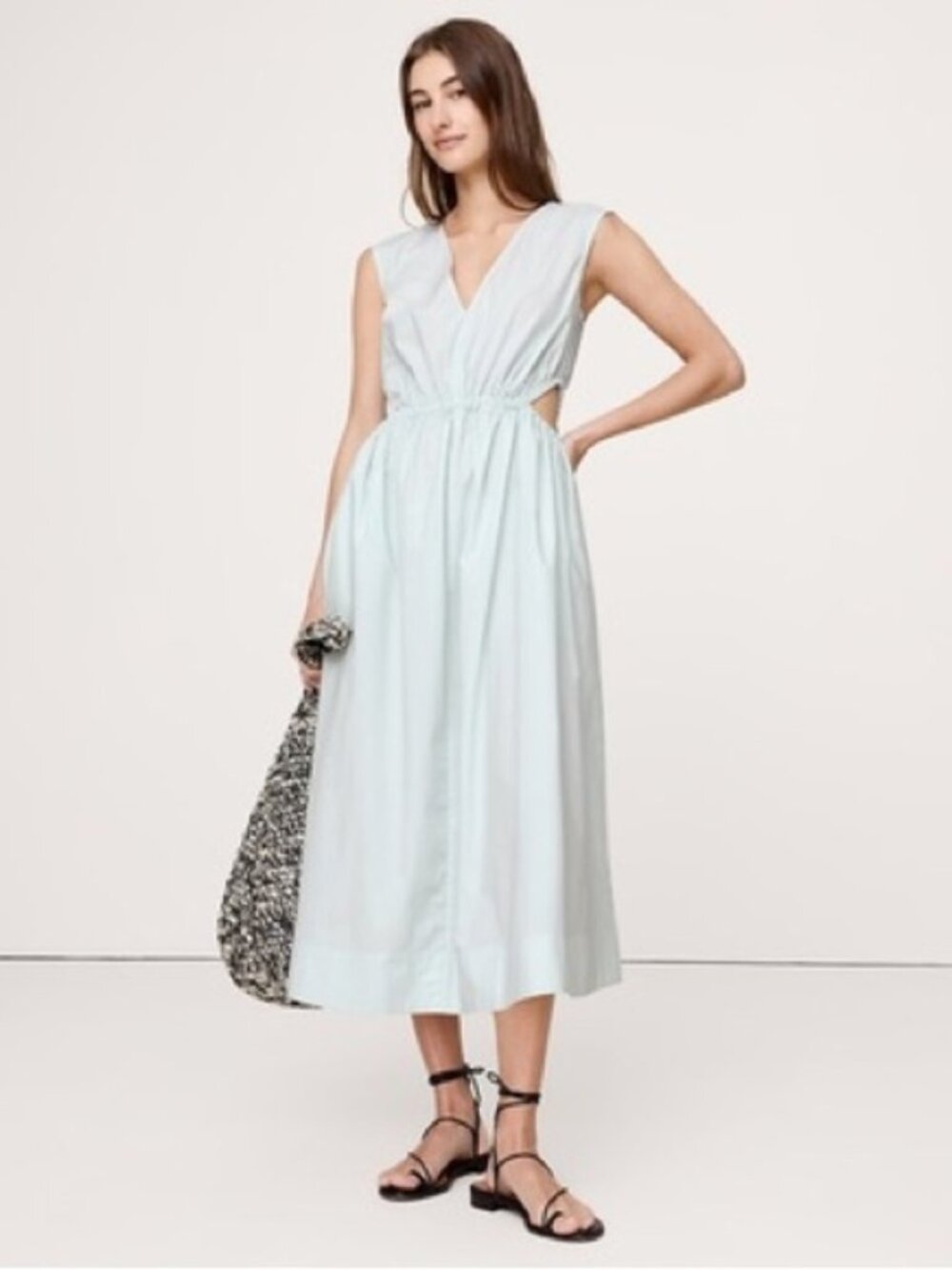 [New] Banana Republic (S) Blue Reflection Cotton Poplin Side Cut-Out Midi Dress